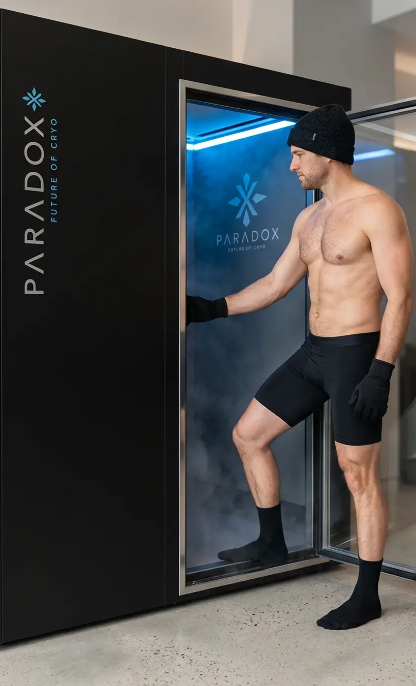 Hombre entrando en la cabina de crioterapia PARADOX